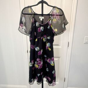 Ann Taylor Loft Y2K Dress Black Purple Empire Waist Size 4 Floral Lined
